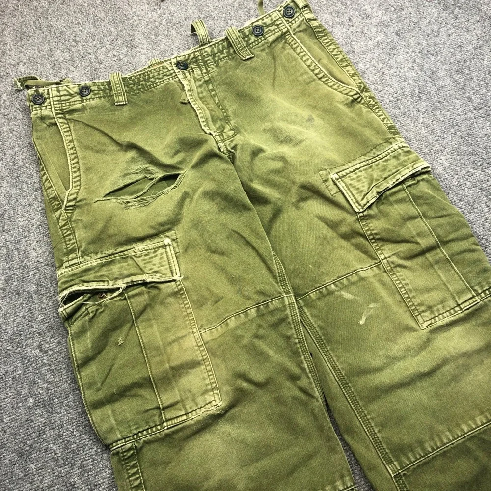 Vintage Distressed Olive Green Cargo Pants Mens Wide Leg Multi Pocket 36x27